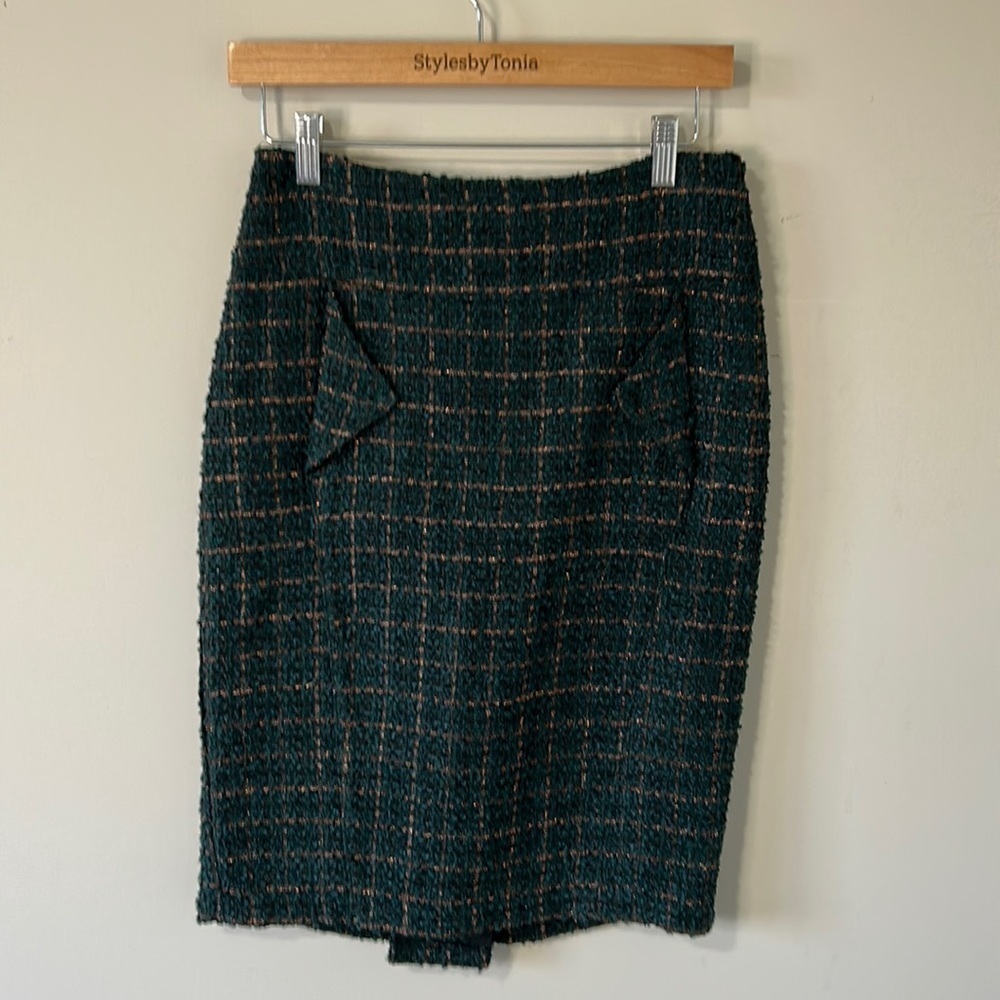 Anthropologie EVA FRANCO Tweed Ruffle Skirt Green Brown Metallic Sz 6 NEW